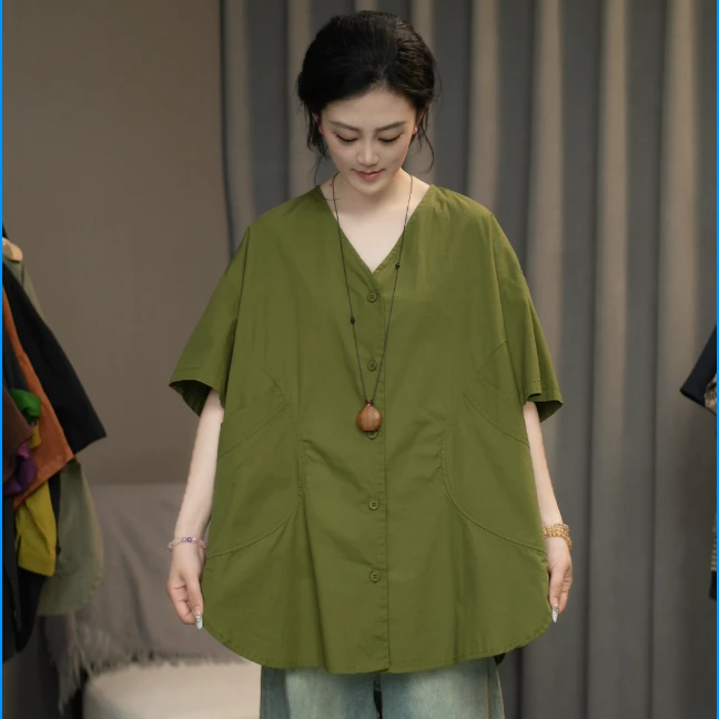 【一恬家】2025夏季新款显瘦百搭休闲V领衬衫