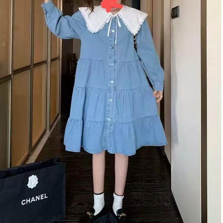 大码法式娃娃领牛仔连衣裙女长袖百搭连衣裙