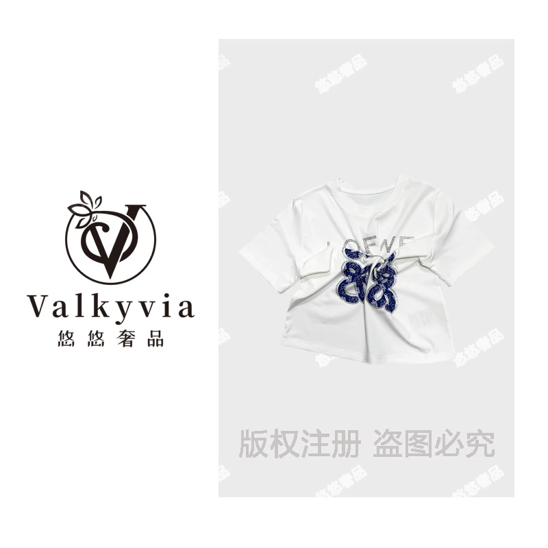 【Vallkyvia/悠悠奢品】夏季百搭复古重工烫钻圆领h短袖T恤22597