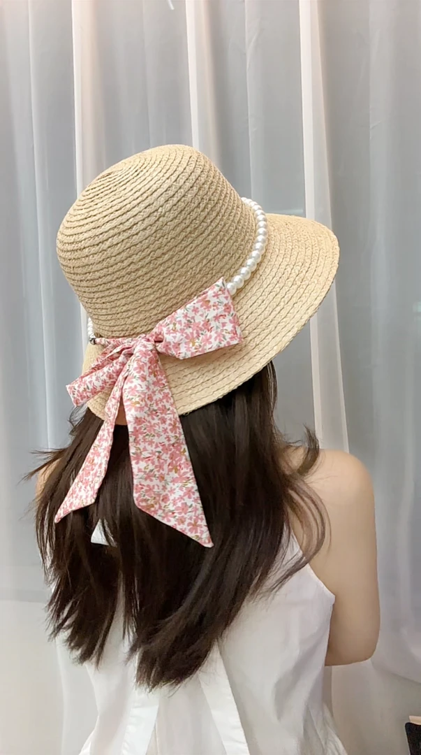 法式珍珠蝴蝶结草编渔夫帽沙滩防晒帽子夏海边度假遮阳显脸小草帽