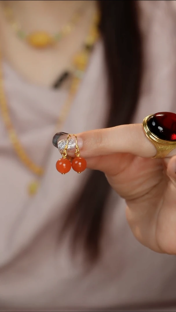 定制南红玛瑙8MM樱桃红耳坠