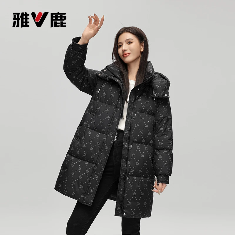 V/雅鹿印花时尚可拆帽90羽绒服防风保暖外套时尚休闲宽松女士