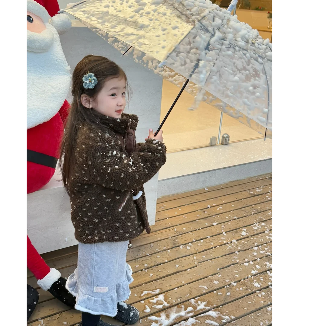 壹妈童装女童韩版秋冬时髦咖色毛绒加厚保暖拉链外套灰色百搭裤子