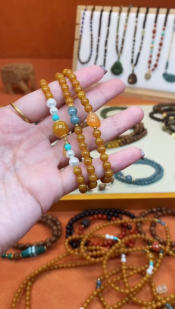 手链蜜蜡未镶嵌三圈蜜蜡玛瑙屁桃手串