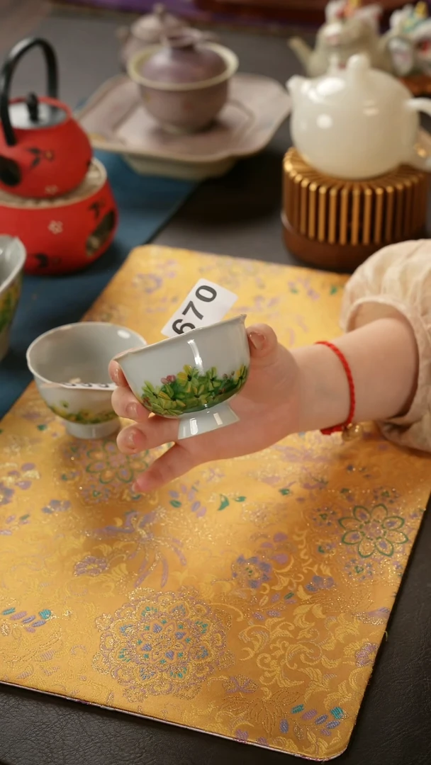 陶瓷茶具油画花高足花口杯670