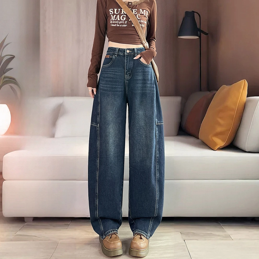 窄版弯刀牛仔裤女秋2025新款设计感宽松哈伦老爹裤高腰阔腿香蕉裤