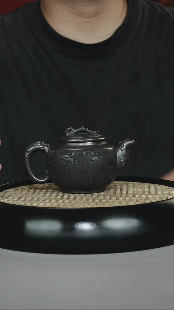 茶壶紫砂石黄 汲泉 刻绘山水