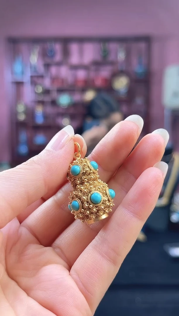 非遗技艺 花丝镶嵌吊坠 葫芦 堆松 蓝绿