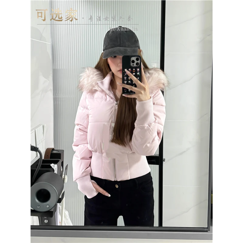 小海鸥连帽毛领棉袄棉服女2025年冬季新款高级感收腰短款保暖外套