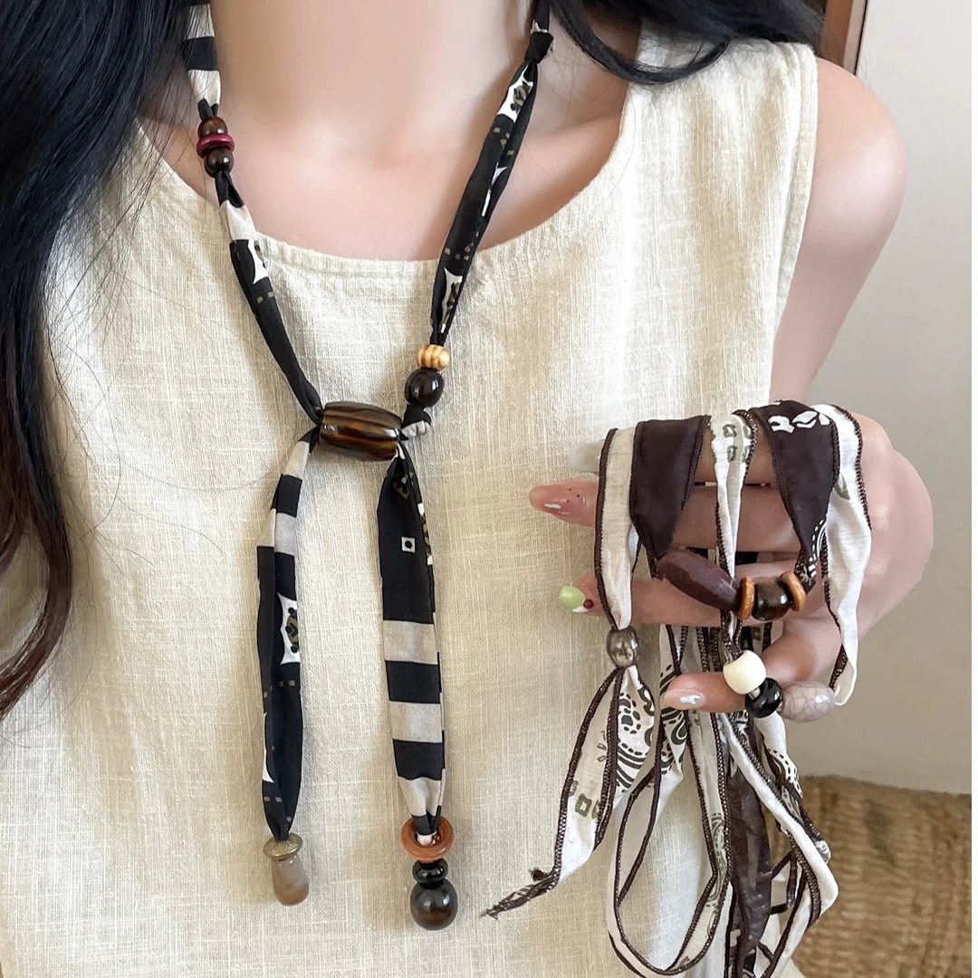 非金属布艺吊坠 趣味拼接布艺串珠可调节项链女设计感锁骨链配饰
