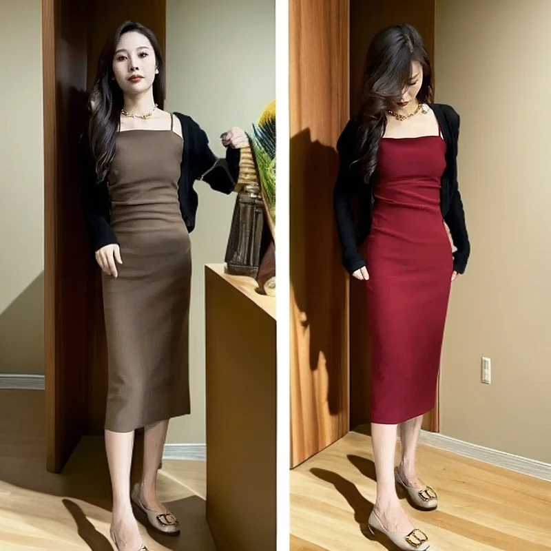 夏季2025夏季新款辣妹风收腰显瘦气质吊带连衣裙搭长袖防晒开衫两