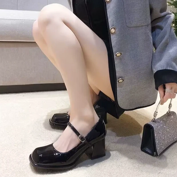 高跟玛丽珍女鞋百搭粗跟黑色皮鞋时尚圆头春季复古厚底法式单鞋