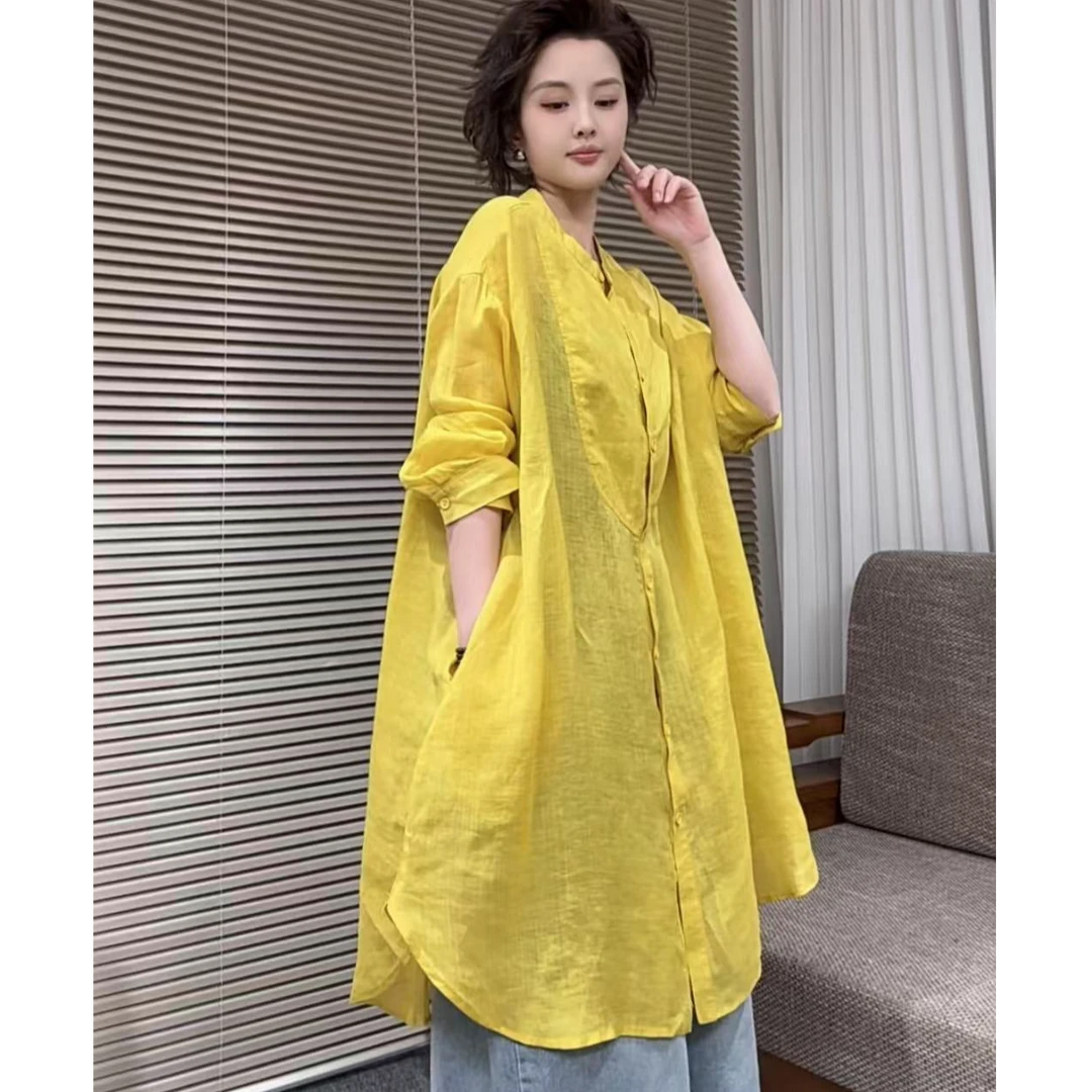 夏季苎麻衬衫中长款显瘦气质纯色圆领拼接夏季薄款衬衫防晒小衫