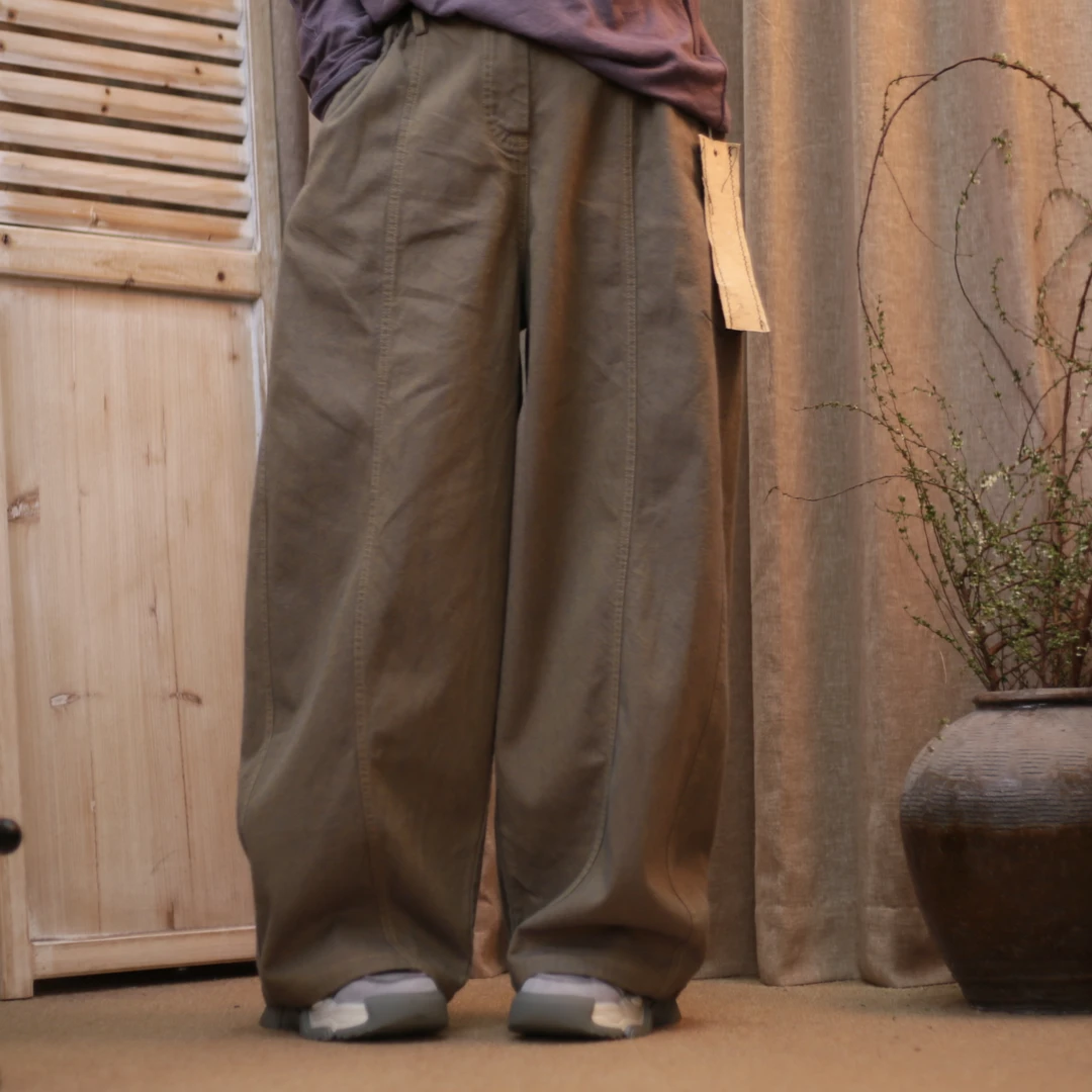 忆古朴拙241025色织半松紧挖袋休闲裤直筒宽松显瘦