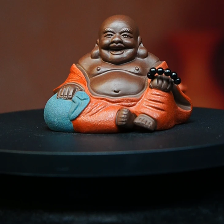 宜兴紫砂雕塑 三色弥勒佛(带佛珠)