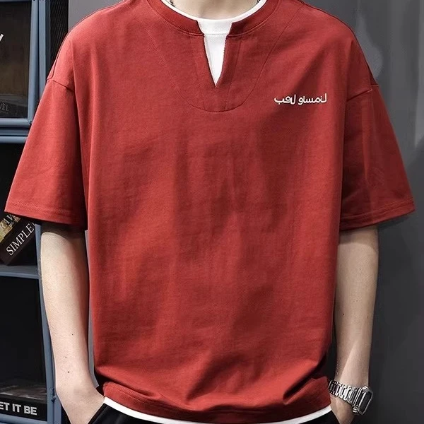 仓石一树2025夏季美式潮牌设计感短袖t恤男假两件半袖V领体恤纯棉