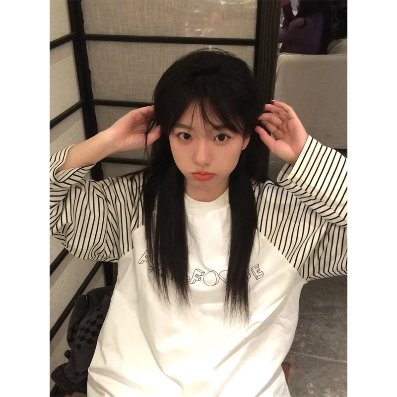 美式个性小众宽松百搭长袖T恤女秋季ins设计感休闲条纹慵懒风复古