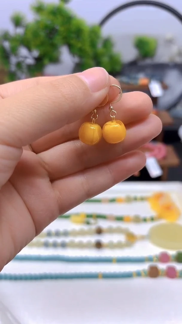 14K金镶嵌蜜蜡耳饰DIY款E01