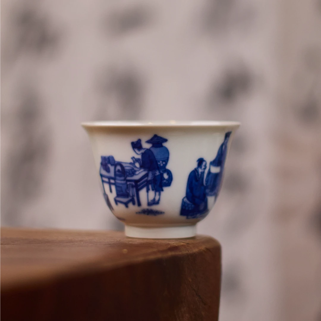 华军鼎成·柴窑青花撵茶图铃铛杯景德镇陶瓷手工手绘茶器茶具