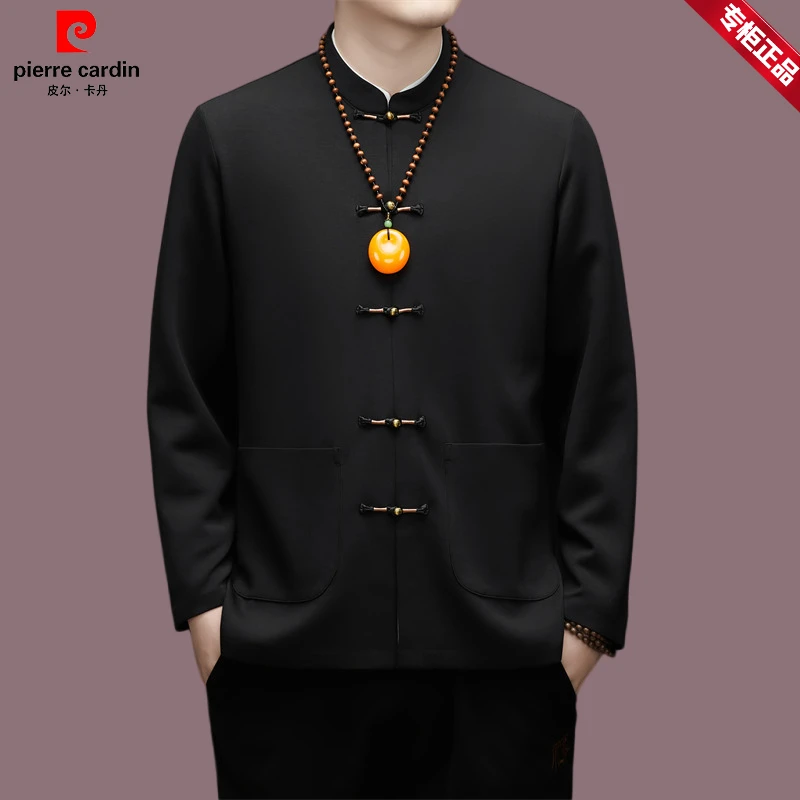 【皮尔卡丹】春秋季免烫处理长袖立领唐装高档男士羊毛混纺夹克中式