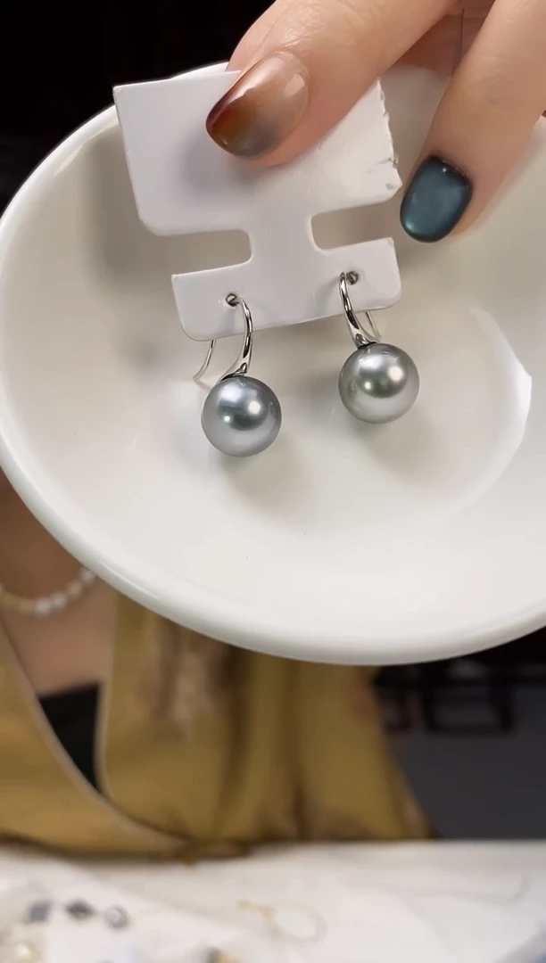 银S925镶嵌耳饰海水珍珠11-12大溪地黑珍珠耳饰