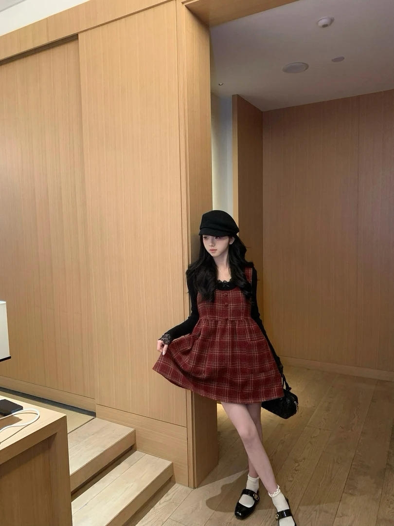 毛呢 背心裙圣诞背带裙 红色格纹减龄娃娃裙