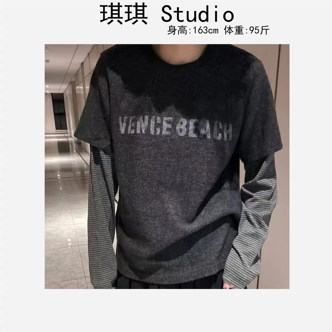 冬季新款加厚潮流气质时尚拼色字母圆领拼接袖假两件百搭上衣-C