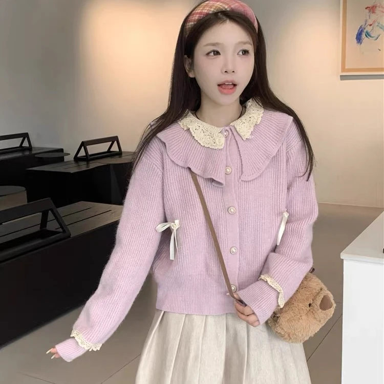 094-180蕾丝花边娃娃领毛衣开衫女秋冬韩系甜美减龄设计感温柔风