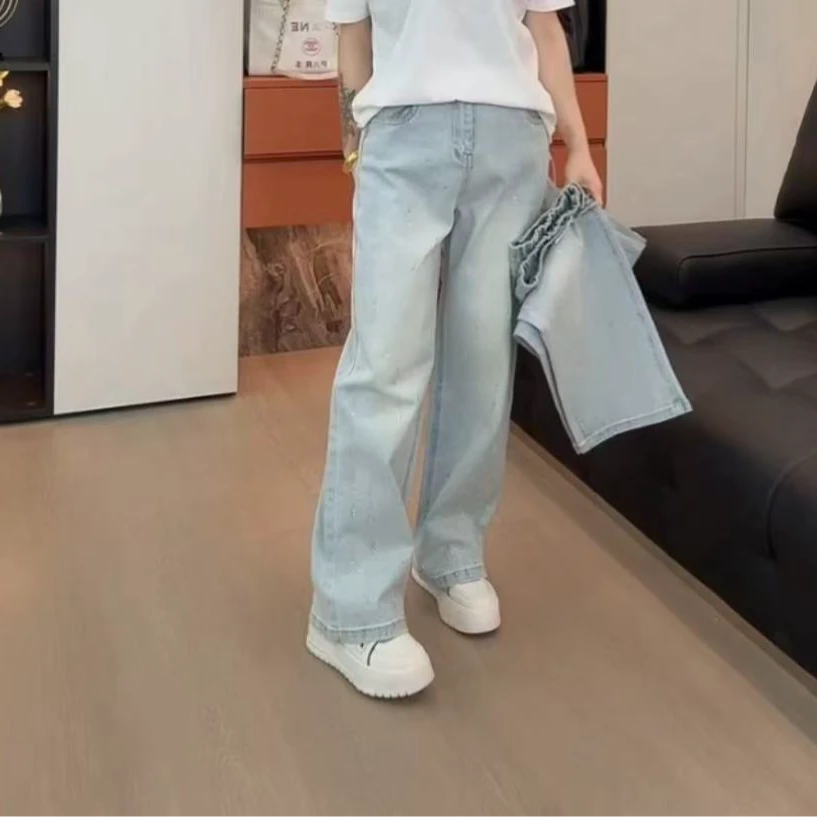 D863美式复古水洗裤设计感流星雨烫钻直筒牛仔裤