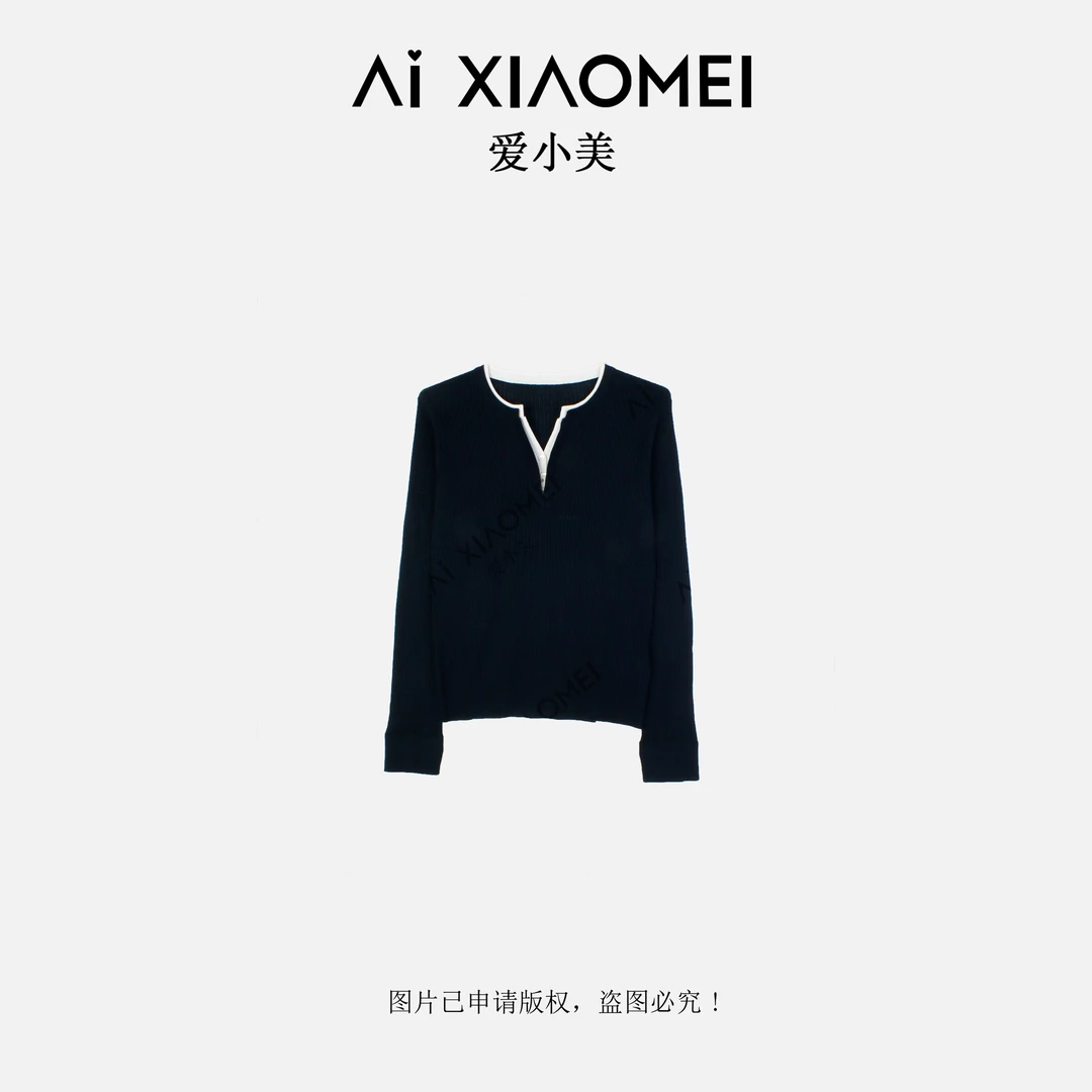 Aixiaomei/爱小美拼接假两件套头V领显瘦百搭轻奢上衣SY-2337