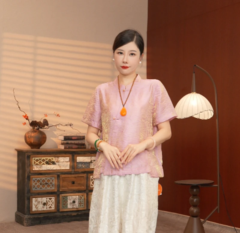 2561 【粉黛映春】新中式国风中袖衬衫女