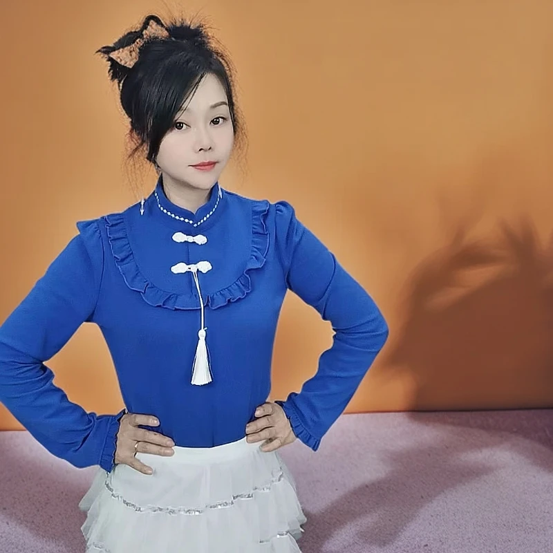 TS-2025原创设计春秋冬国风新中式亲肤精梳棉荷叶边T恤打底衫长袖