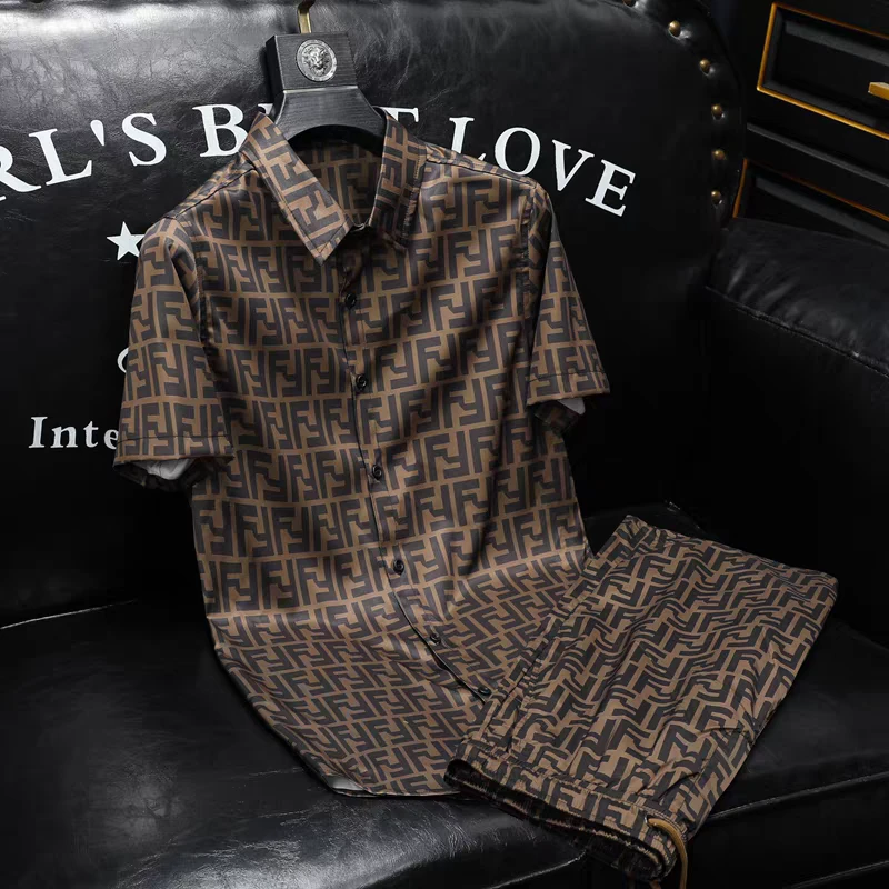 2025年夏季新款短袖套装男运动休闲两件套潮流印花衬衫欧洲站短裤