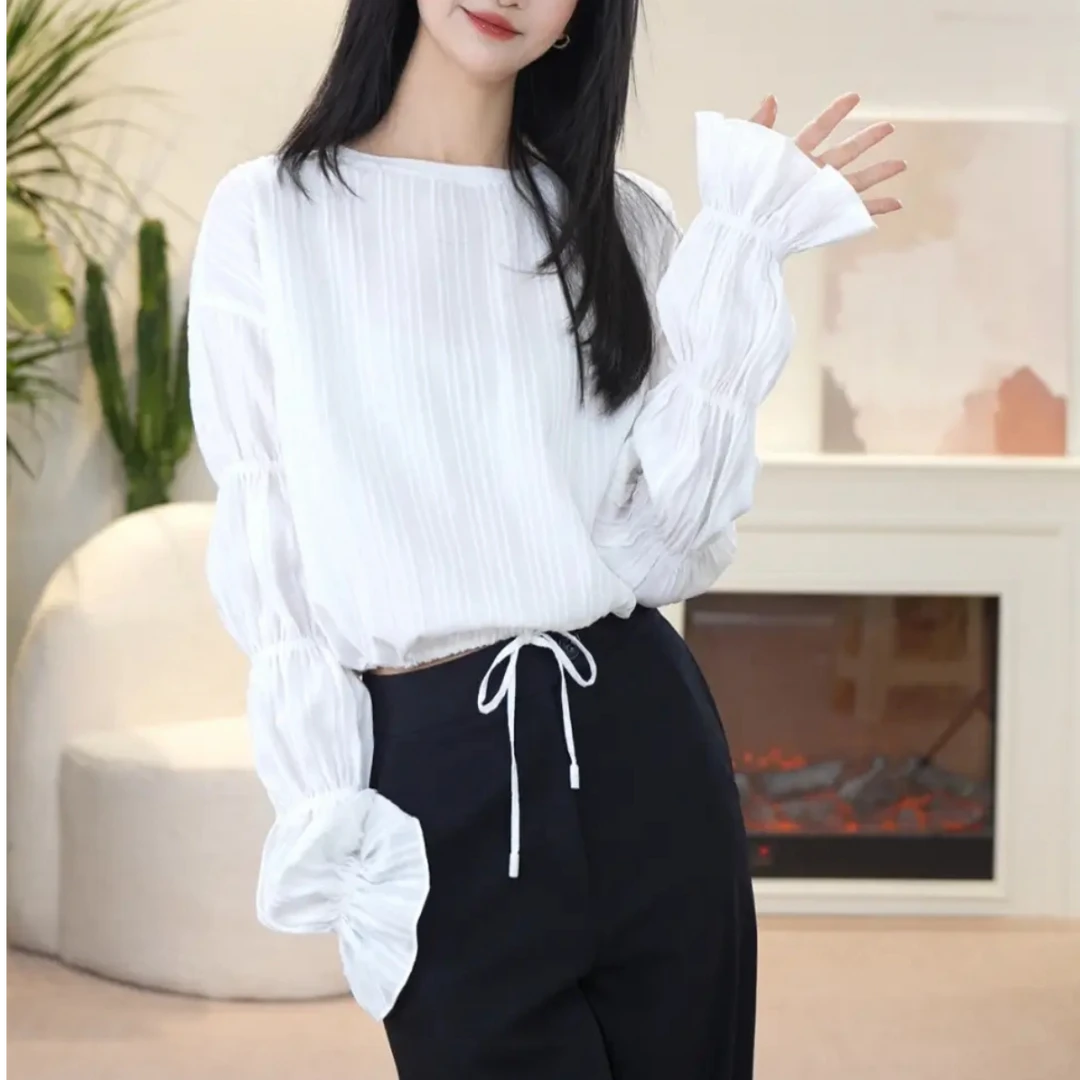 哥弟新款休闲百搭时尚竹节袖设计感小众圆领长袖衬衫1300972