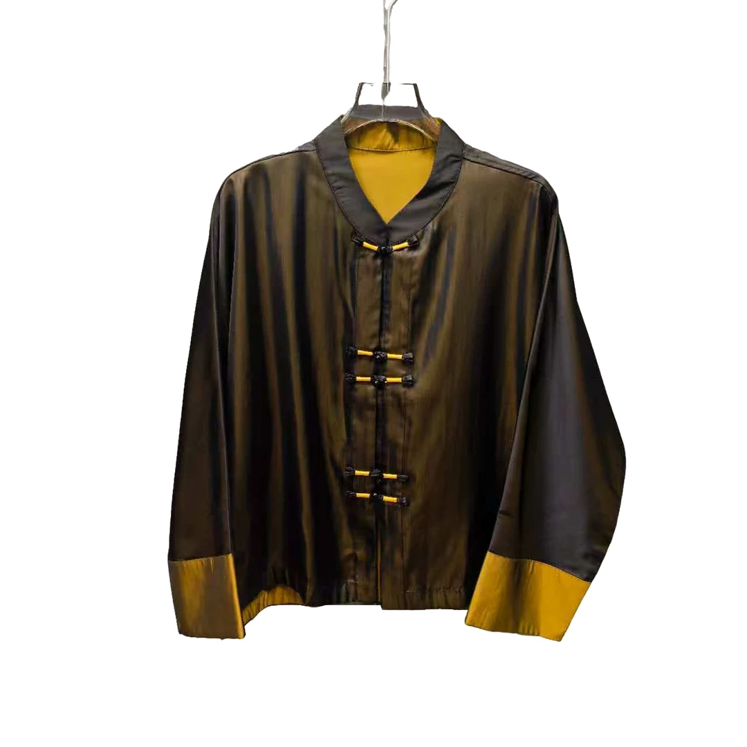 【杭云社】不褪色长袖盘扣立领上衣巴恩风纯色复古拼接双面新中式