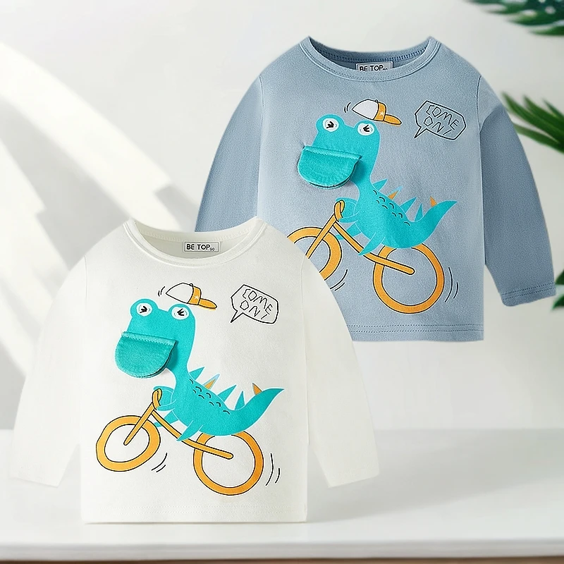 春秋卡通恐龙上衣圆领小童纯棉长袖儿童女童男童洋气宝宝春季套头