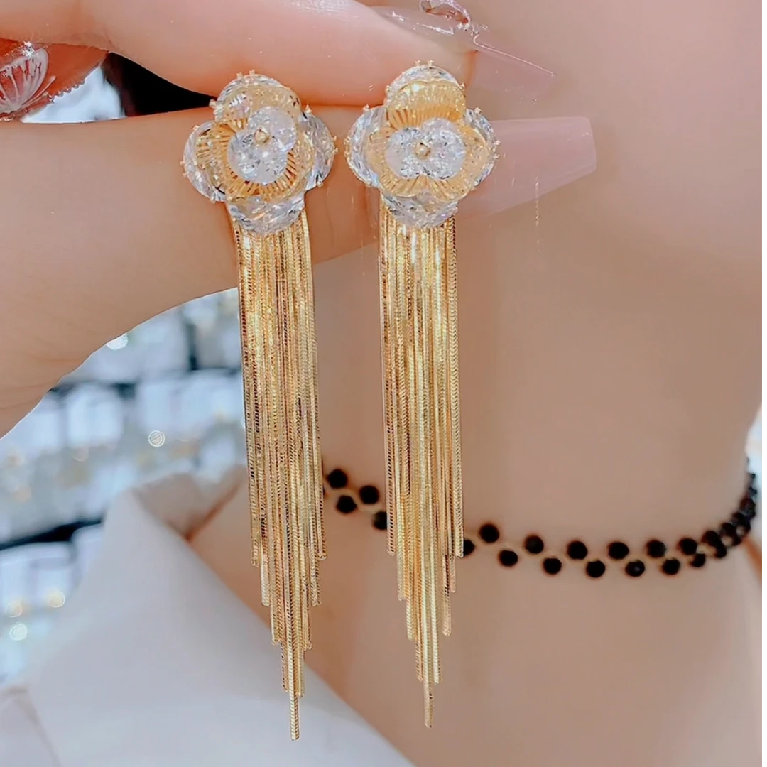 铜合金合成锆石耳饰 140时尚气质长款金色流苏百搭耳环精致优雅