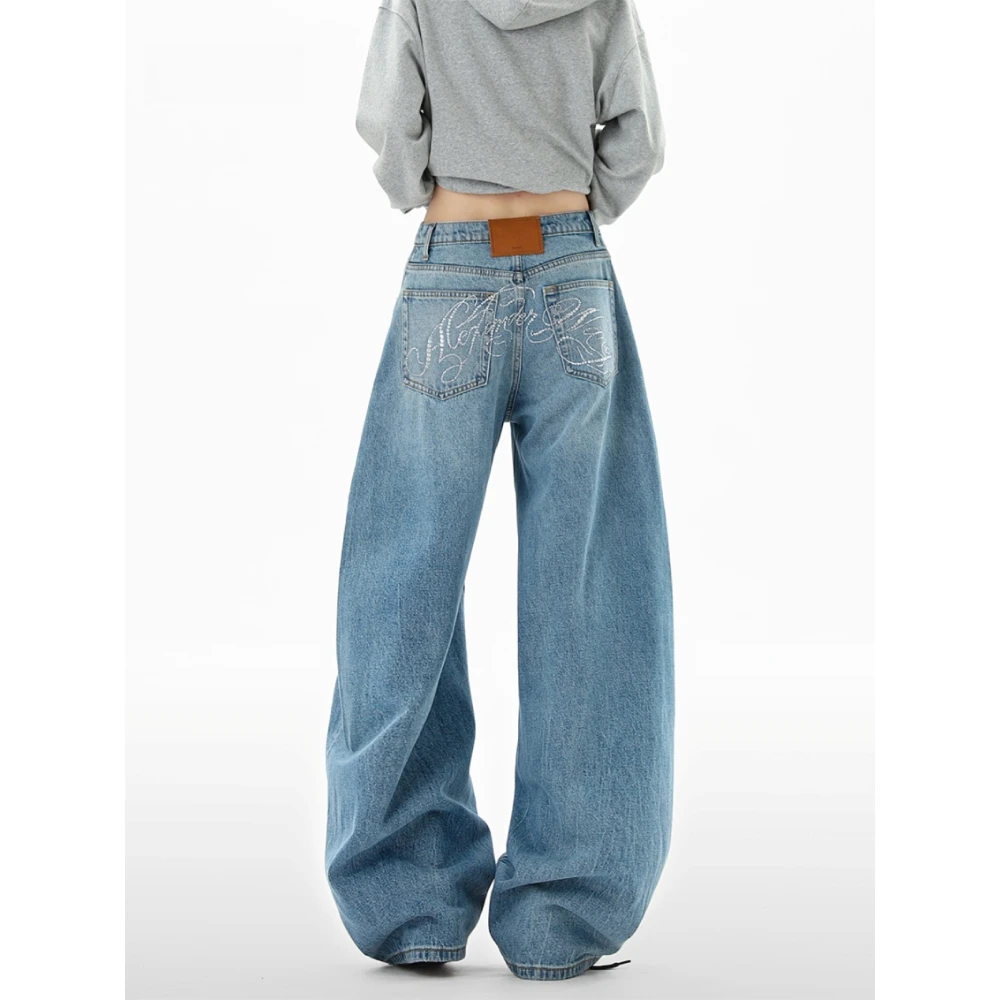 微胖mm重工字母烫钻弯刀牛仔裤女2025秋季新款宽松显瘦阔腿休闲裤