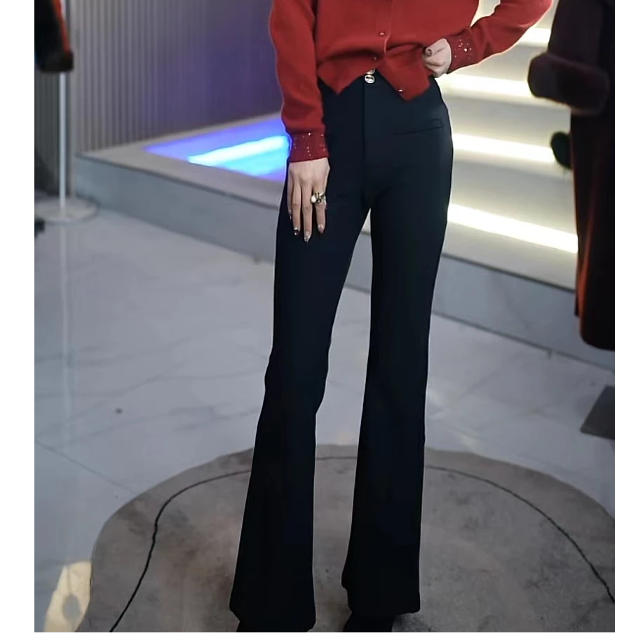 设计师冬季轻奢时尚气质提臀显瘦百搭中高腰弹力女士微喇裤ML3+61