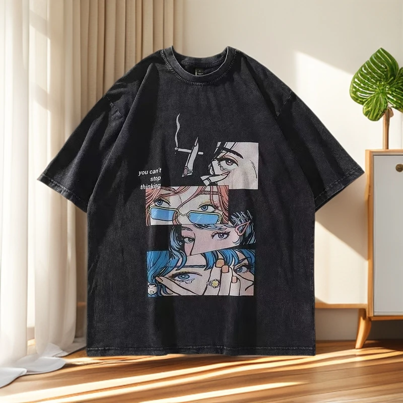 7322欧美式复古做旧宽松纯棉水洗短袖T恤男女同款