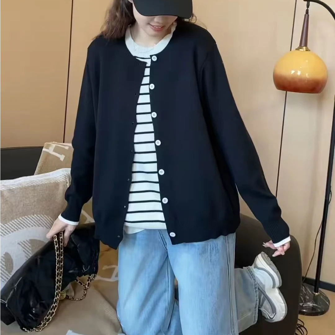 新款纯色条纹假两件开衫时尚韩版长袖针织上衣洋气百搭慵懒风2405