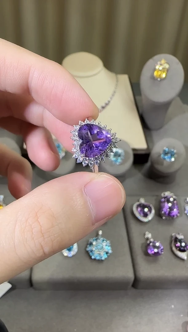银S925镶嵌戒指紫晶10mm戒指海洋之心戒指