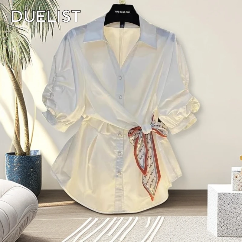 DUELIST复古高级感韩版设计感洋气收腰丝巾衬衫2025夏别致衬衣潮