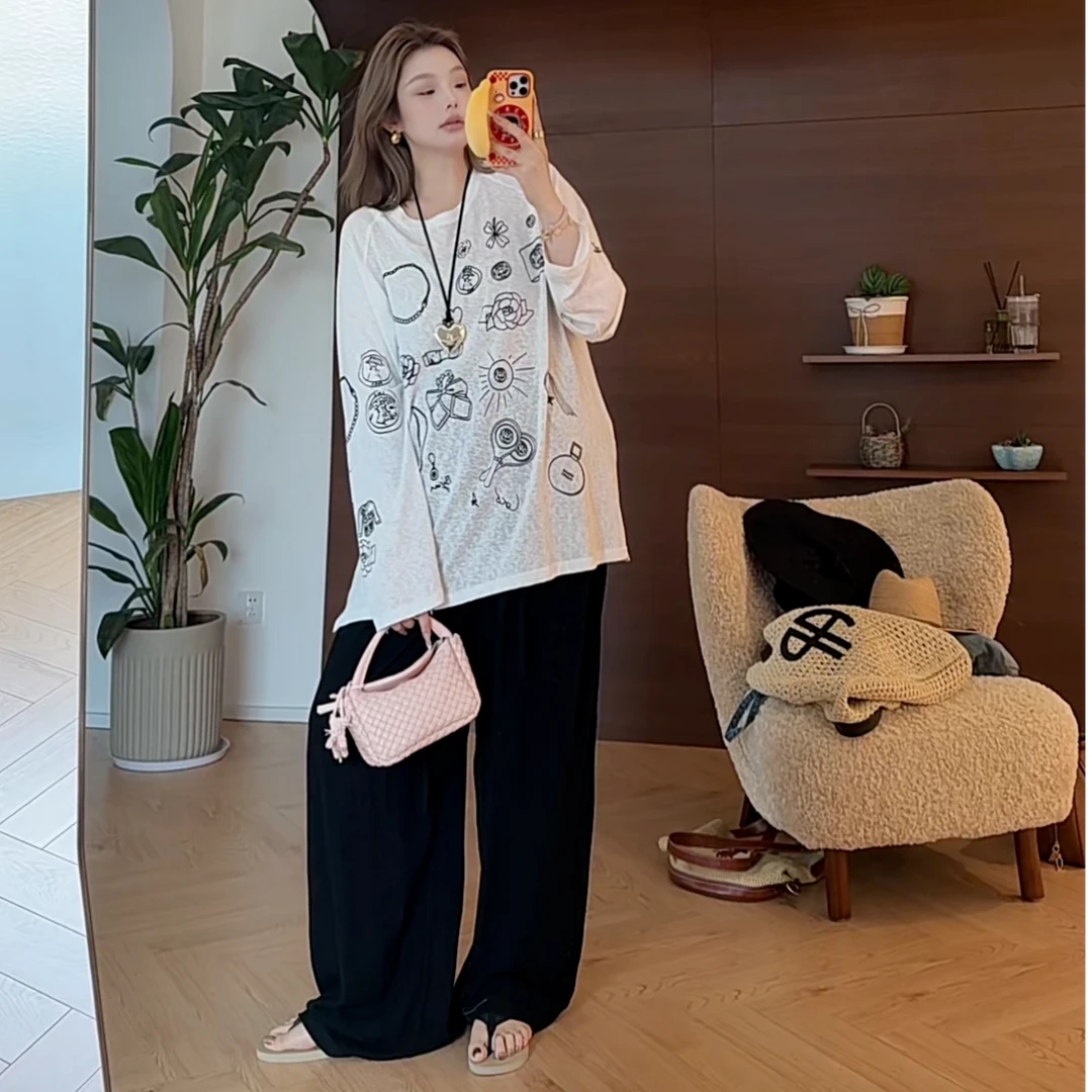 【瘦瘦】中古涂鸦-大码夏季圆领薄款印花插肩袖百搭长袖防晒S01758