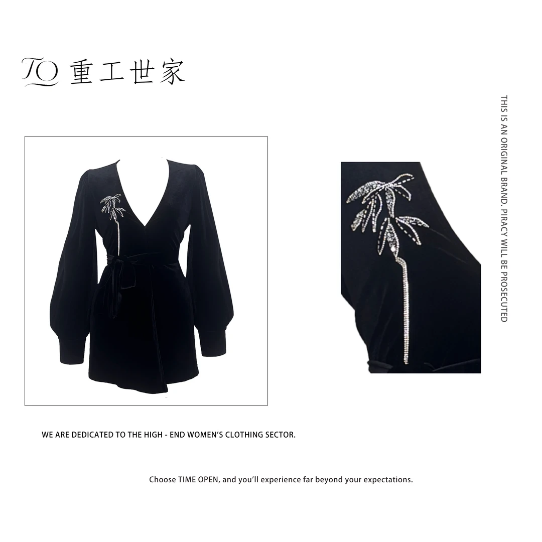 【暗黑系】竹叶丝绒长袖套装-高定洋气都市风