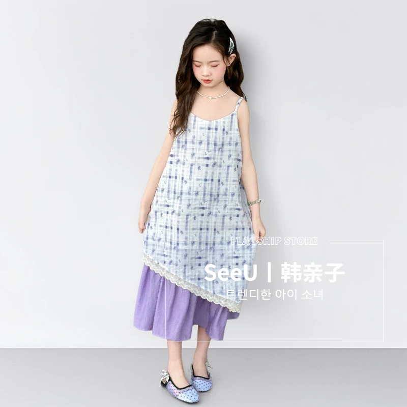 女童多巴胺泰式紫色小裙海边度假风云南旅游拼接吊带子色彩连衣裙