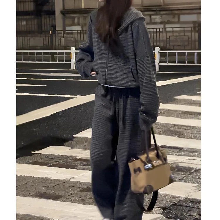 ins同款潮流穿搭！春秋时尚洋气条纹连帽卫衣阔腿裤女套装，宽松潮