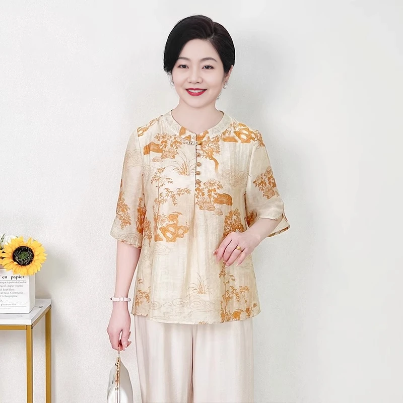 中年妈妈夏装2025新款新中式国风衬衫上衣裤子套装夏季小衫两件套