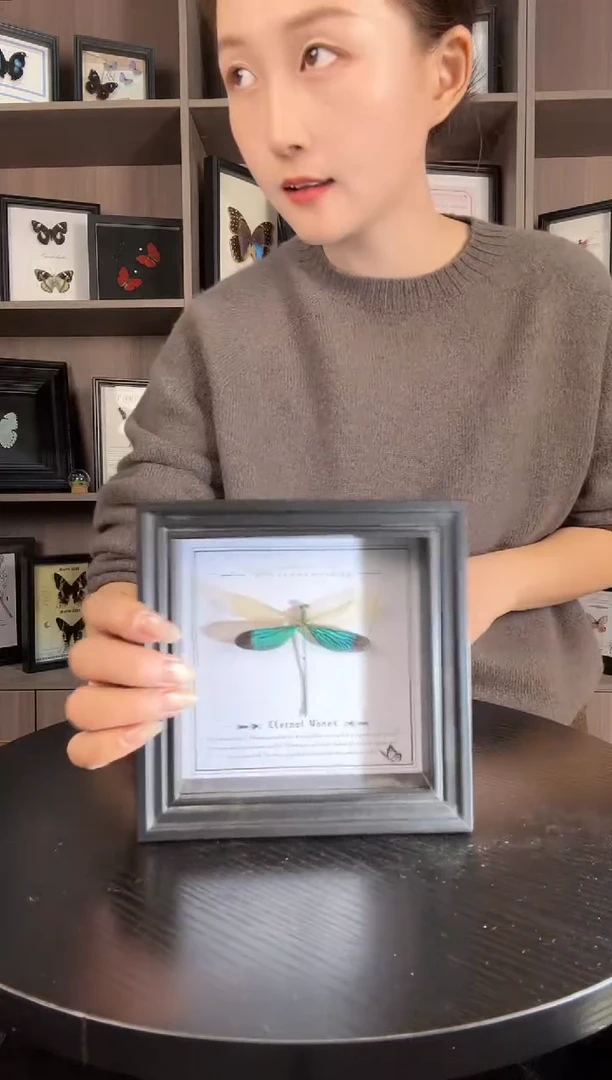 实木竖款r****学华艳色蟌（蝴蝶装饰画6寸框）