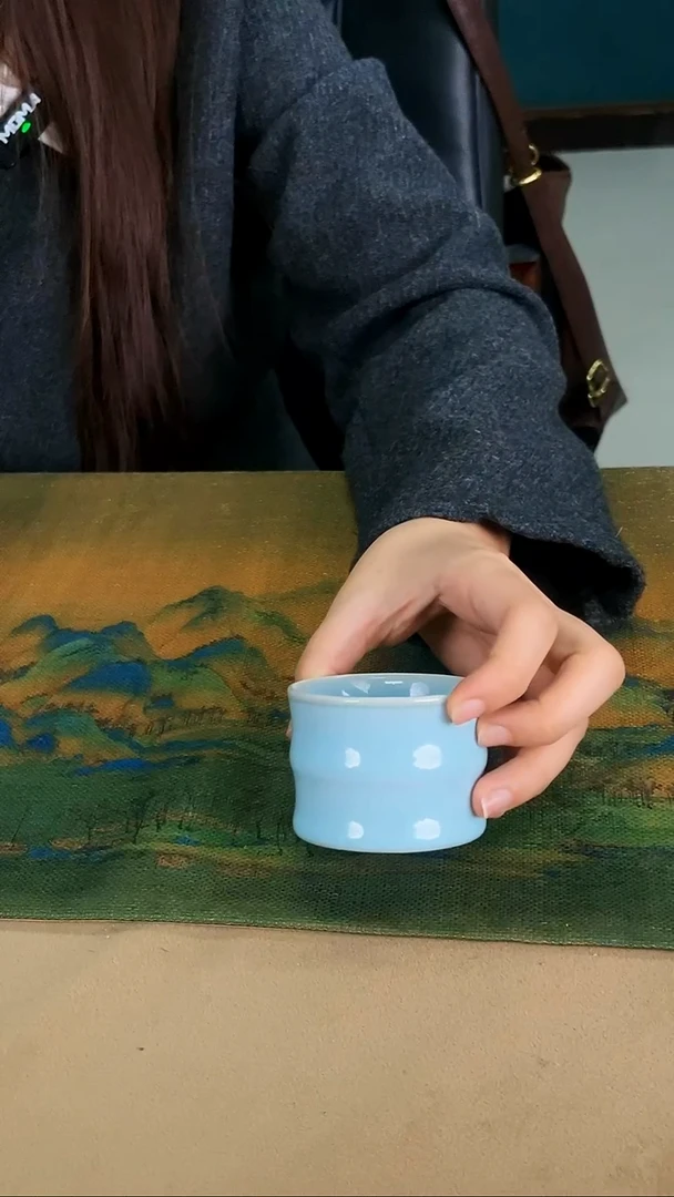 杯子瓷韩红天青釉 竹节杯